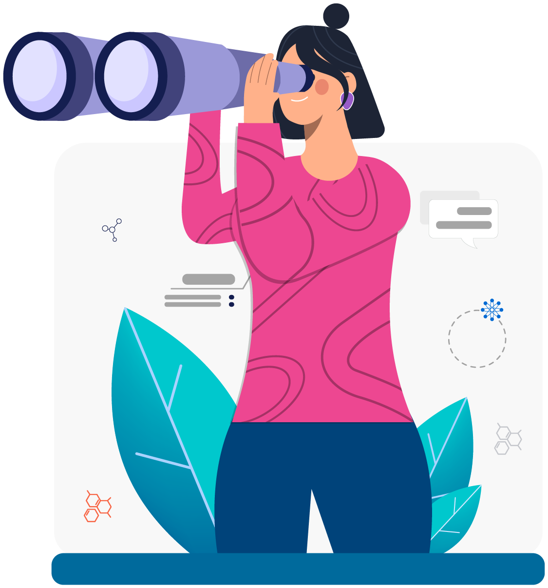 up to data Jobs | Stylized illustration of person in pink shirt looking through binoculars with decorative leaves on transparent background