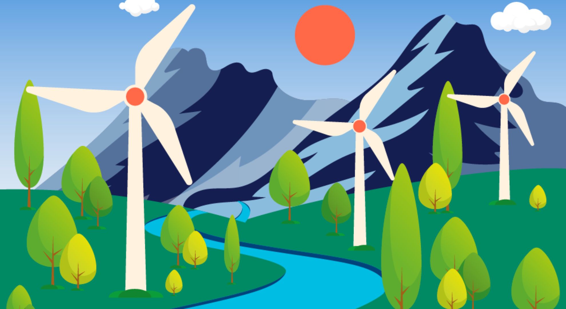 up to data Sustainability | Stylized landscape illustration with white wind turbines, rolling green hills, winding blue river, and mountains under a sunny sky with clouds.