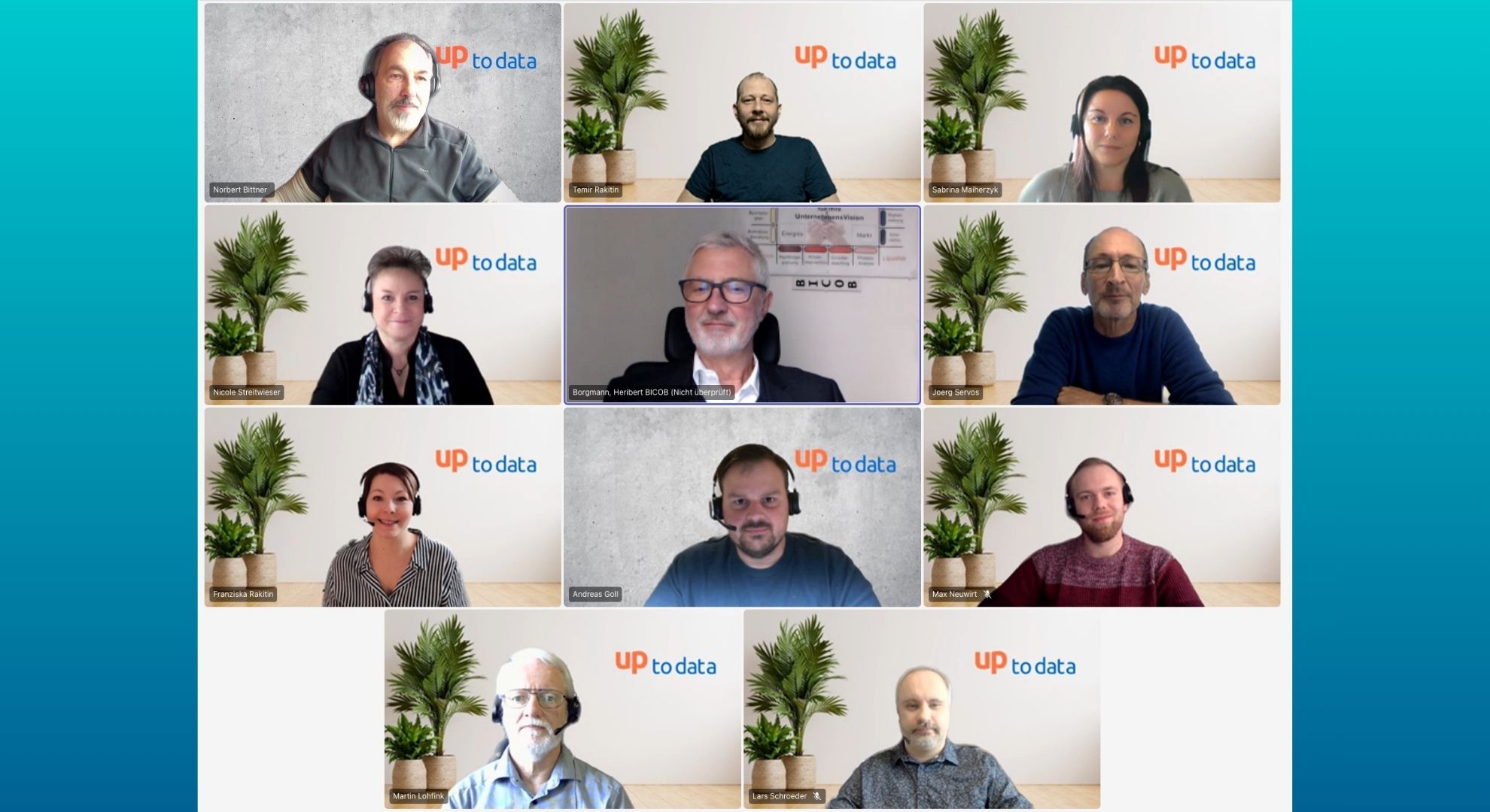 up to data INQA Coaching | Virtual team meeting with multiple up to data company employees on video conference call.