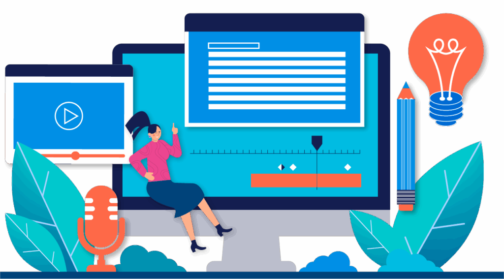 up to data Blog | Stylized illustration of woman presenting digital content on laptop screen with video player, lightbulb, microphone, and educational elements on transparent background