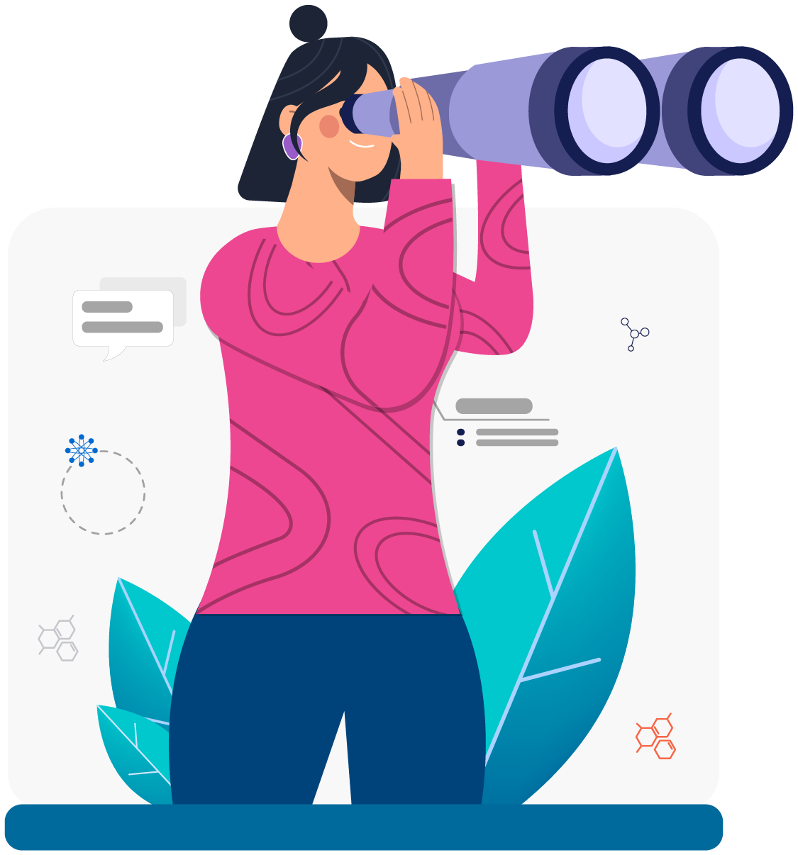 up to data Jobs | Stylized illustration of person in pink shirt looking through binoculars with decorative leaves on transparent background