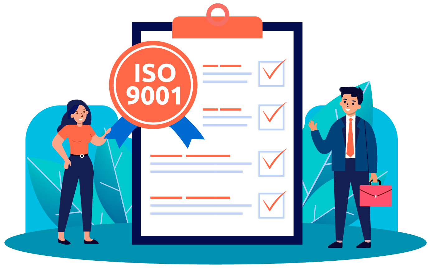 up to data | Stylized illustration of two business professionals presenting ISO 9001 certification checklist with completed checkboxes and quality badge