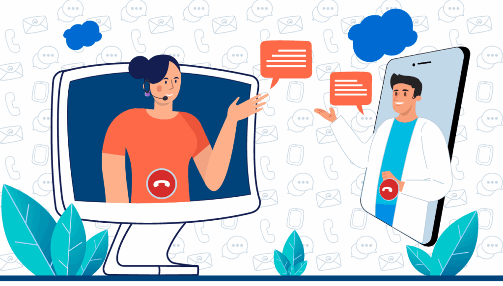 up to data Contact | Stylized illustration of two people having video conference call between computer and mobile device with chat bubbles and decorative leaves on transparent background
