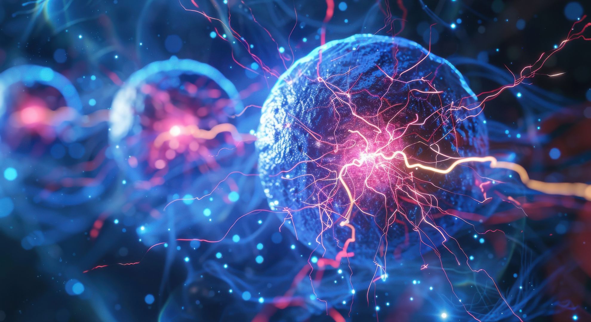 up to data Immunogenicity Solutions | Neural network visualization with glowing electrical connections and synaptic activity in blue and pink tones.