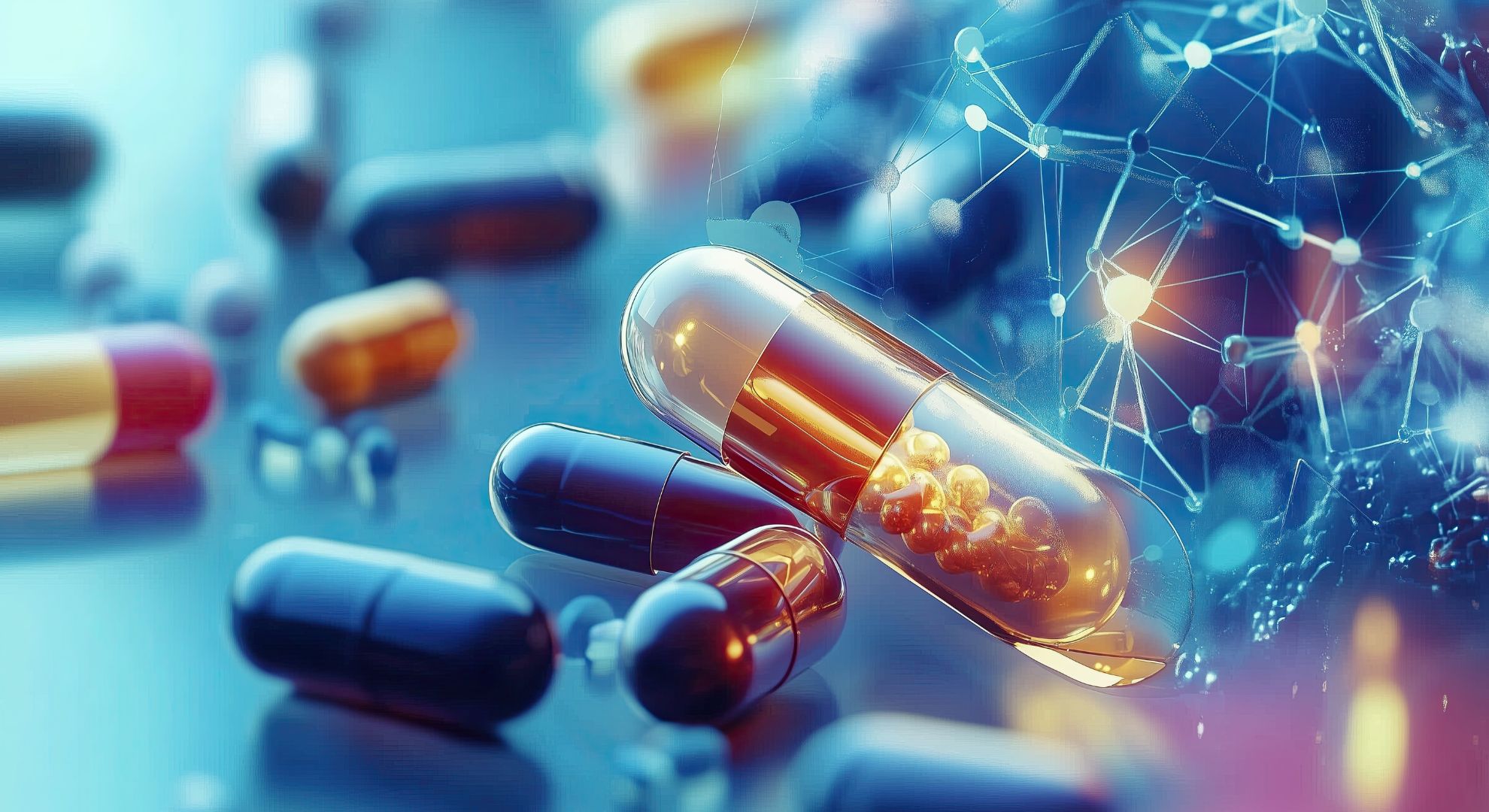 up to data Stability Solutions | Medication capsules with digital network overlay illustrating digitalization in healthcare.