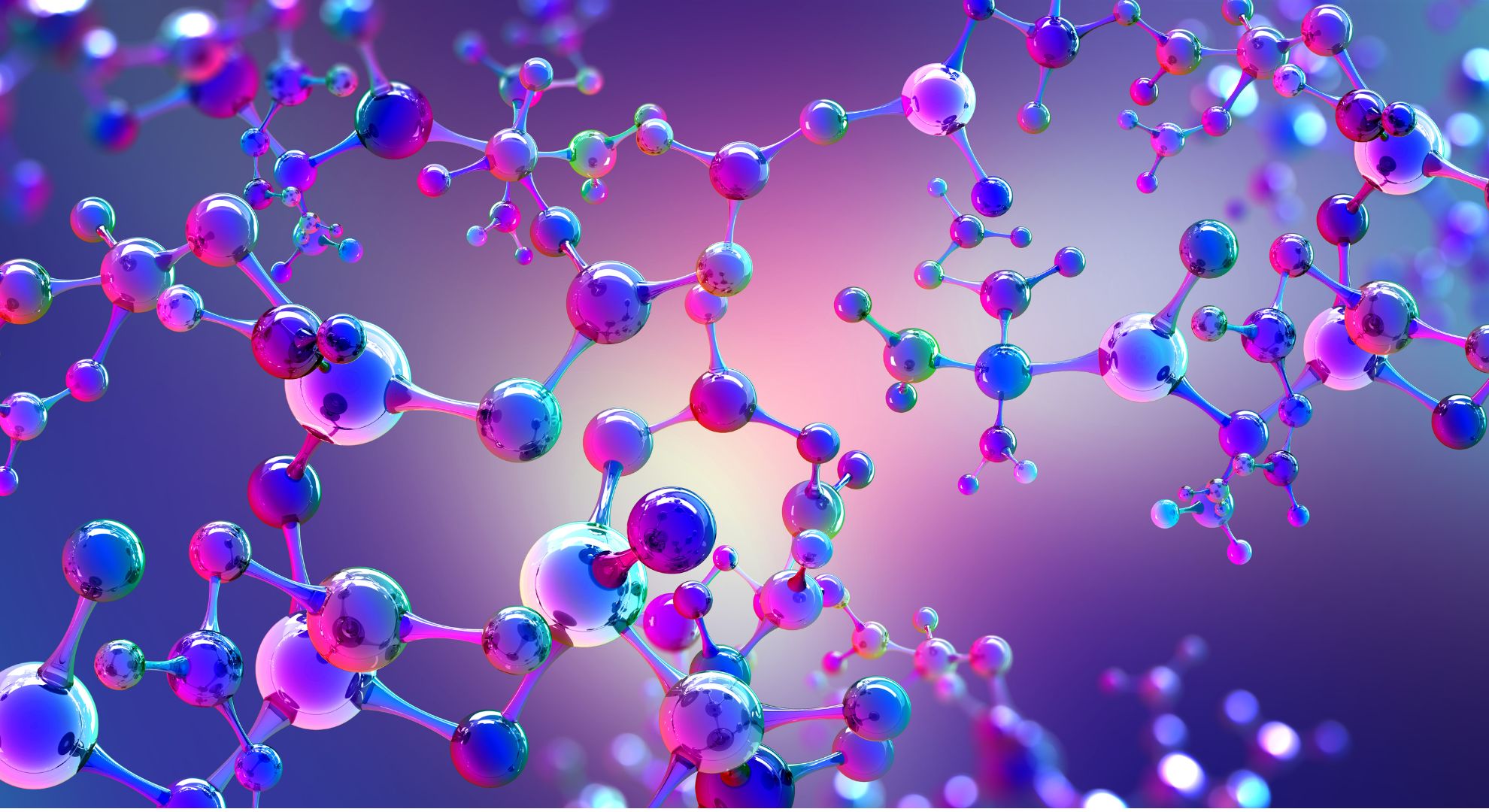 3D illustration of complex molecular structures featuring glossy spherical atoms in vibrant blue, purple, and pink colors connected by cylindrical bonds, floating against a soft gradient background with bokeh light effects, representing abstract chemistry or biochemistry concepts.